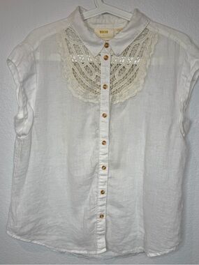 Maeve By Anthropologie White Linen Cap Sleeve Blouse Crochet Accent Medium Lace